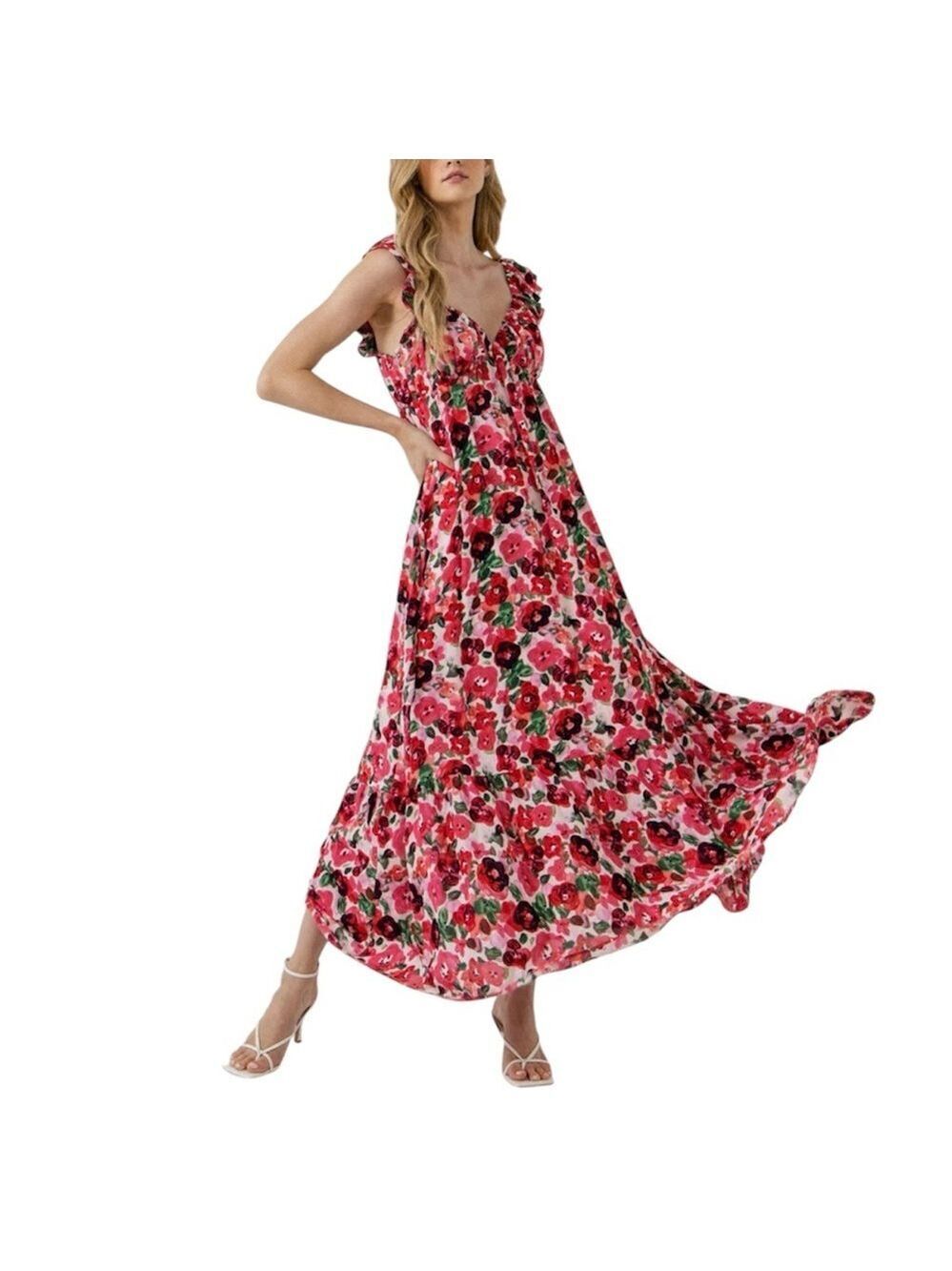 Endless Rose Floral Ruffle Shoulder Sweetheart Neckline Maxi Dress